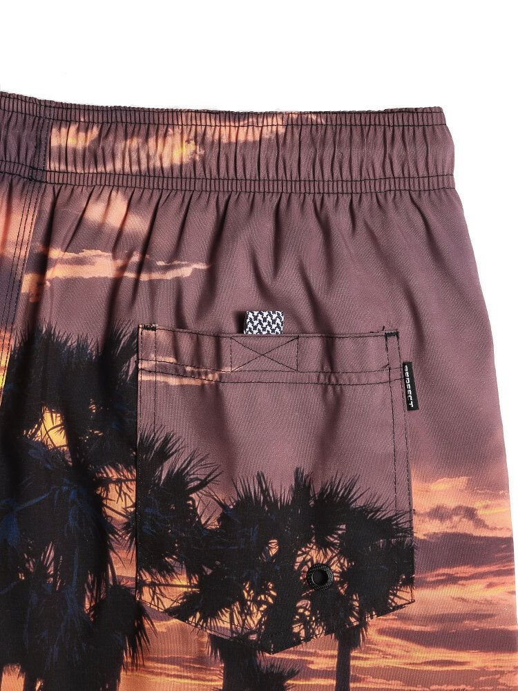 Pantalones Cortos Holgados De Tabla De Vacaciones Con Cintura Con Cordón Y Estampado De Paisaje De Playa Para Hombre