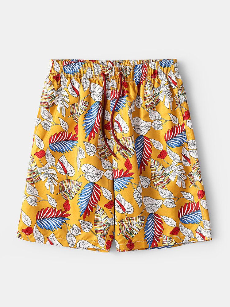 Pantalones Cortos De Natación Con Bolsillo De Secado Rápido Y Estampado De Hojas Tropicales Para Hombre