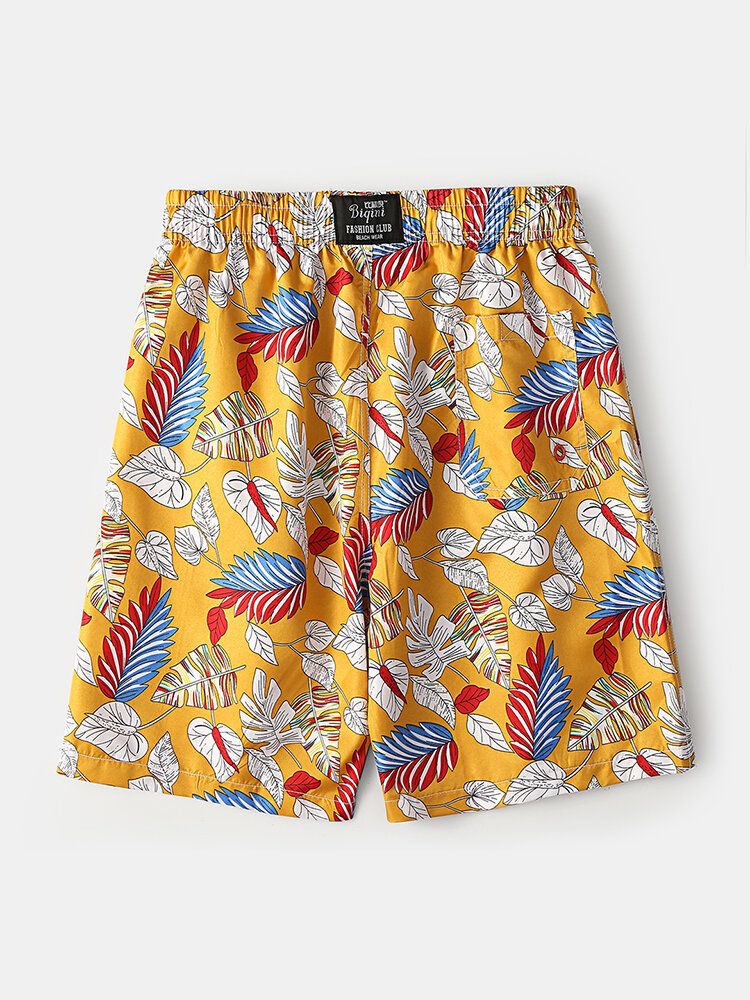 Pantalones Cortos De Natación Con Bolsillo De Secado Rápido Y Estampado De Hojas Tropicales Para Hombre