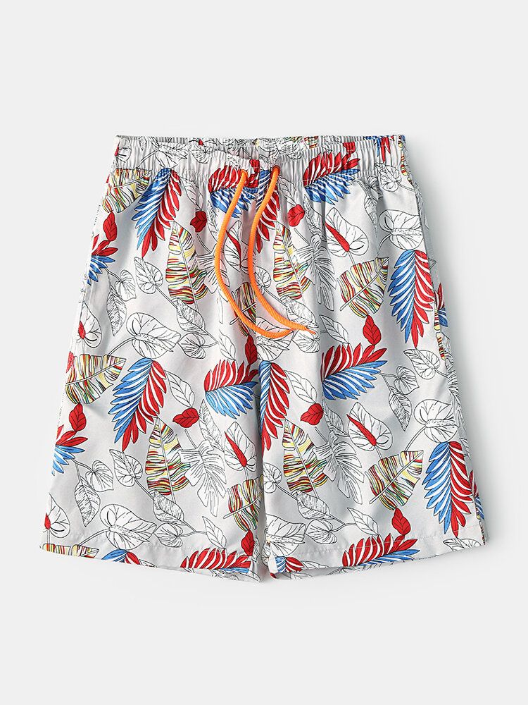 Pantalones Cortos De Natación Con Bolsillo De Secado Rápido Y Estampado De Hojas Tropicales Para Hombre