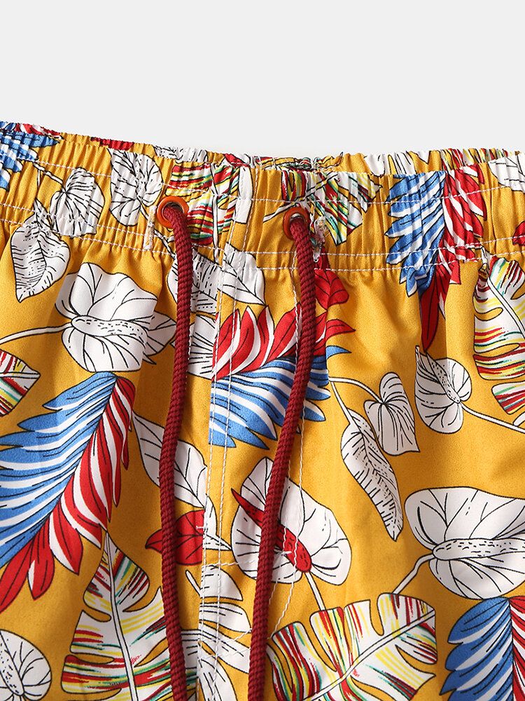 Pantalones Cortos De Natación Con Bolsillo De Secado Rápido Y Estampado De Hojas Tropicales Para Hombre