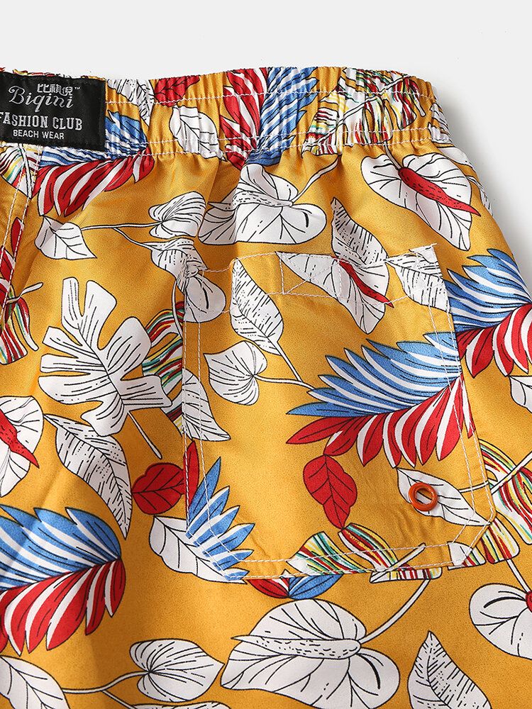 Pantalones Cortos De Natación Con Bolsillo De Secado Rápido Y Estampado De Hojas Tropicales Para Hombre