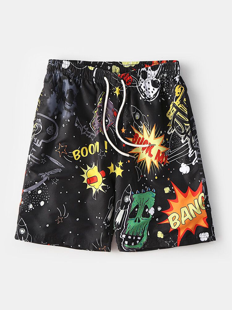 Pantalones Cortos Negros Casuales Con Bolsillo Con Cordón Y Estampado De Grafiti Para Hombre