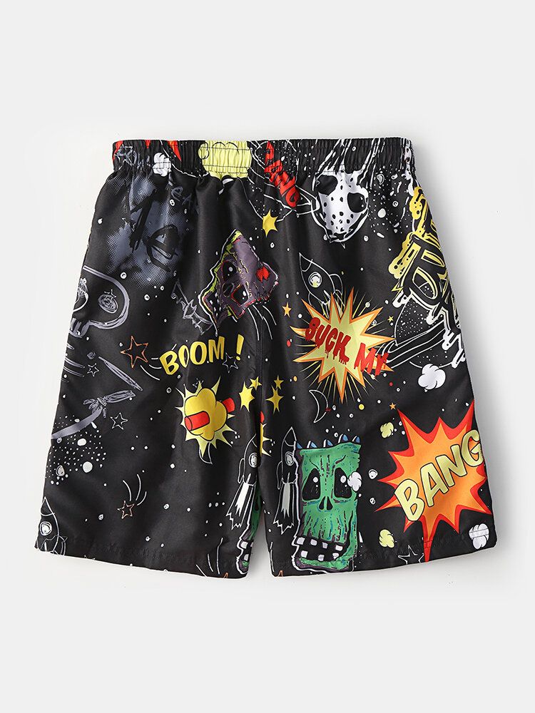 Pantalones Cortos Negros Casuales Con Bolsillo Con Cordón Y Estampado De Grafiti Para Hombre