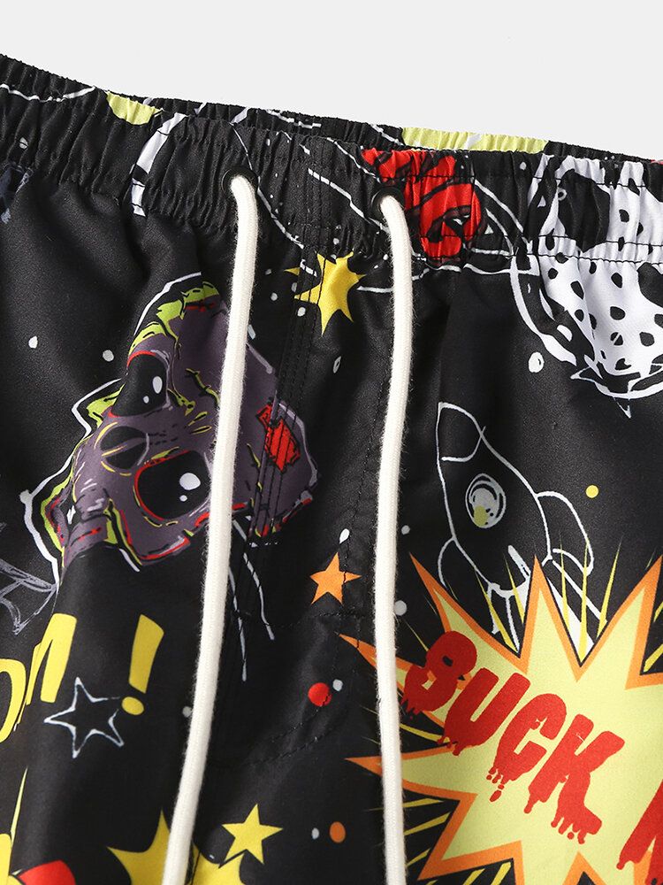 Pantalones Cortos Negros Casuales Con Bolsillo Con Cordón Y Estampado De Grafiti Para Hombre