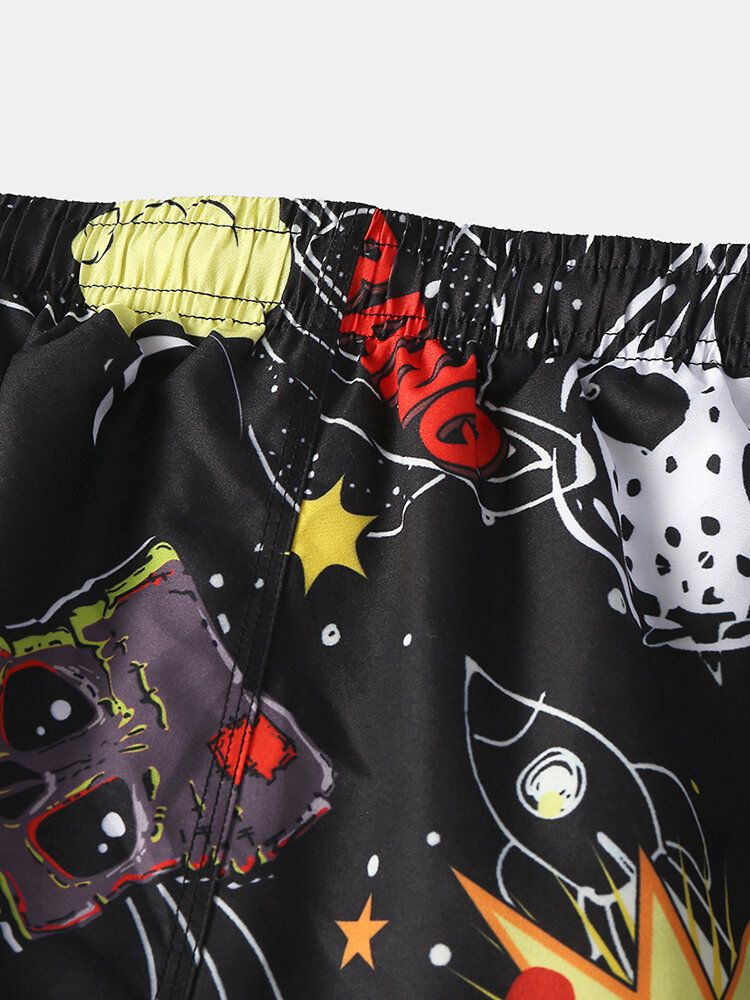 Pantalones Cortos Negros Casuales Con Bolsillo Con Cordón Y Estampado De Grafiti Para Hombre