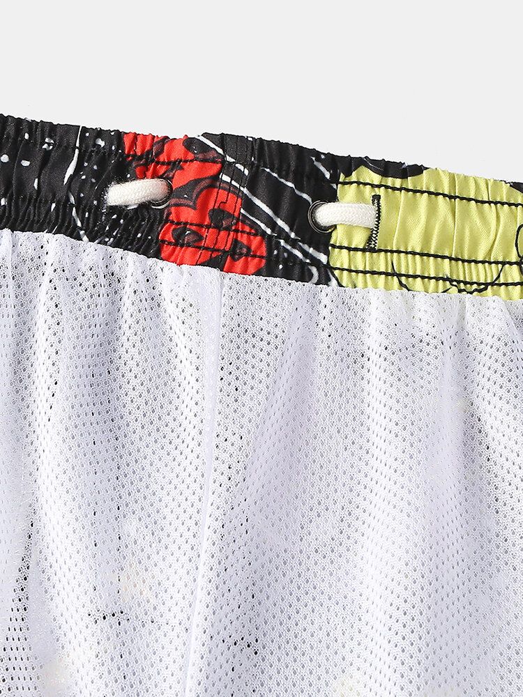 Pantalones Cortos Negros Casuales Con Bolsillo Con Cordón Y Estampado De Grafiti Para Hombre