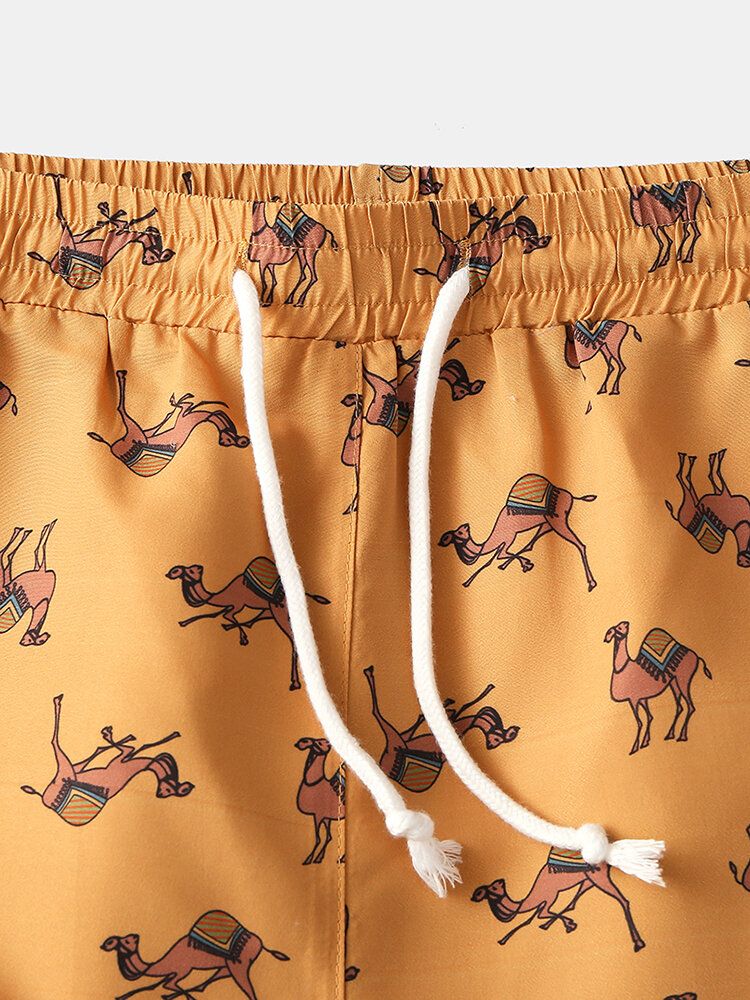 Pantalones Cortos De Playa De Cintura Elástica Con Estampado De Dibujos Animados De Camello Para Hombre