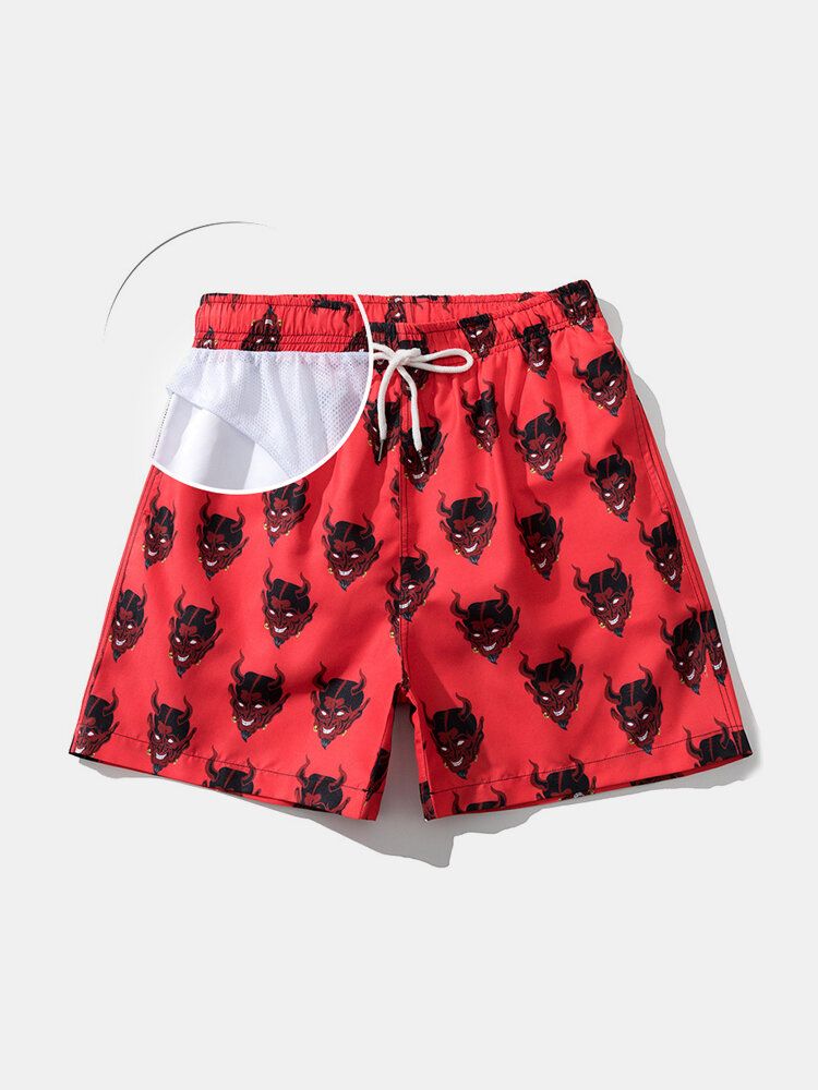 Pantalones Cortos De Playa Con Forro De Malla Con Estampado De Demonio Para Hombre Finos De Secado Rápido Sueltos Con Cordón