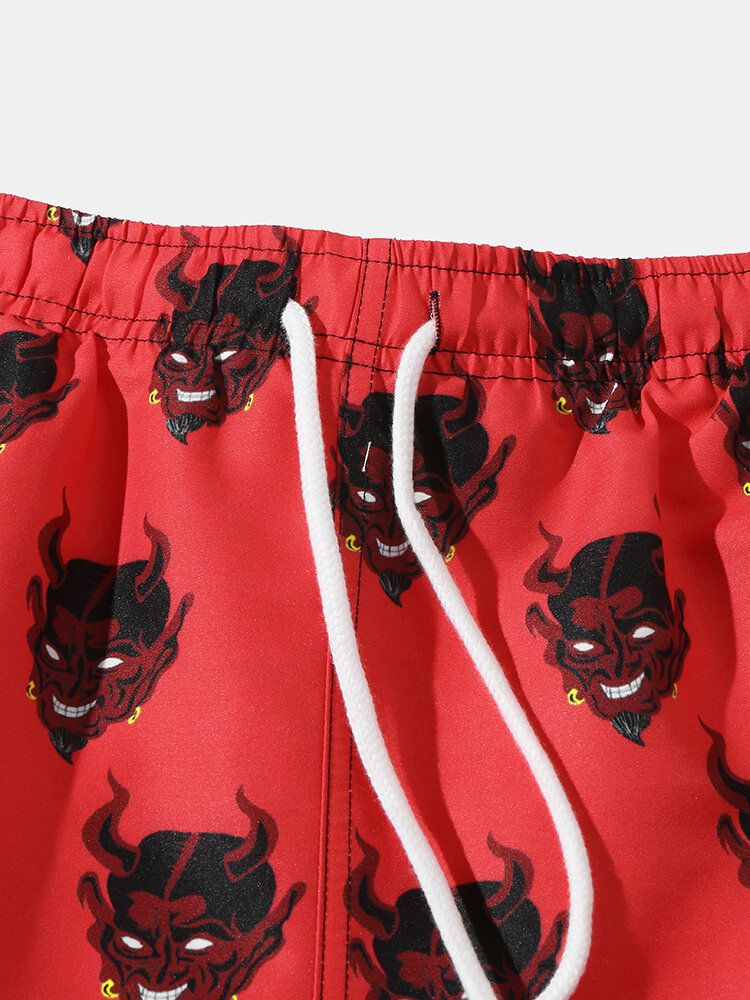 Pantalones Cortos De Playa Con Forro De Malla Con Estampado De Demonio Para Hombre Finos De Secado Rápido Sueltos Con Cordón