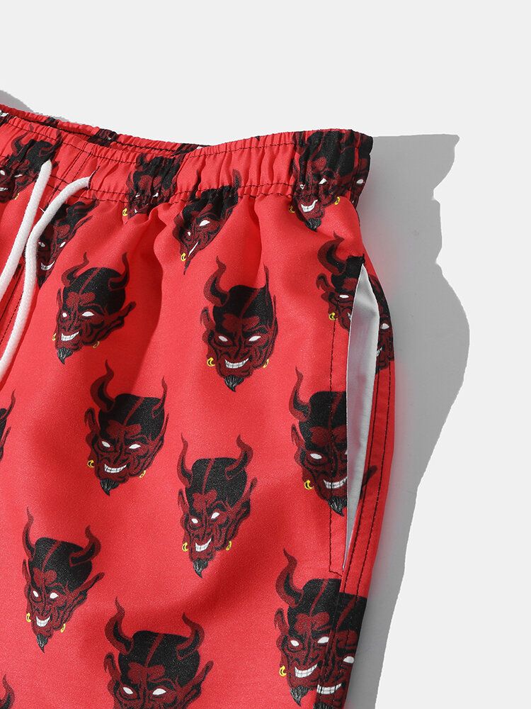 Pantalones Cortos De Playa Con Forro De Malla Con Estampado De Demonio Para Hombre Finos De Secado Rápido Sueltos Con Cordón