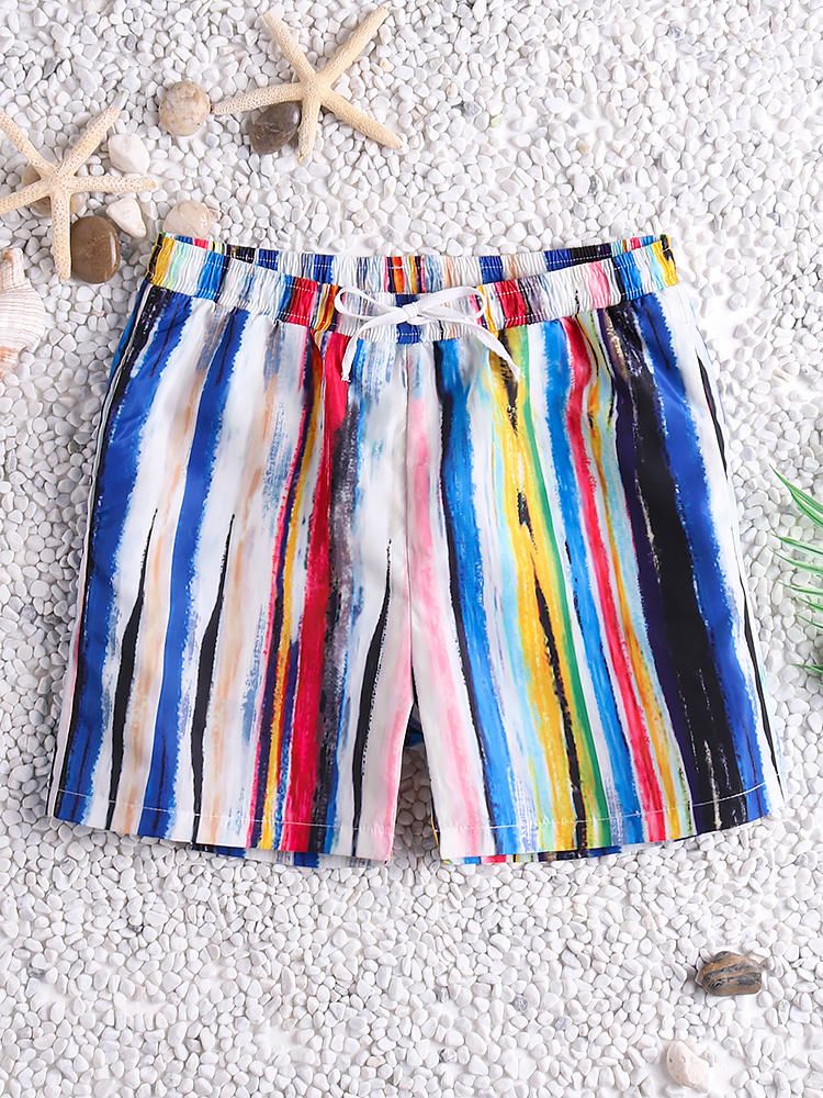 Pantalones Cortos De Playa Hawaianos De Secado Rápido Con Rayas De Colores Para Hombres