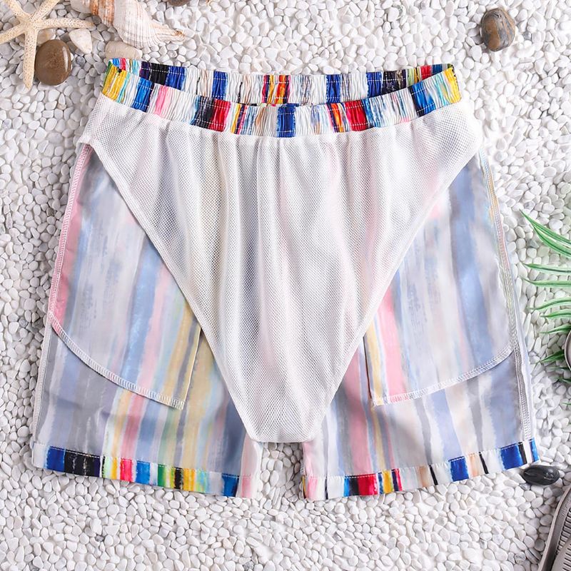 Pantalones Cortos De Playa Hawaianos De Secado Rápido Con Rayas De Colores Para Hombres