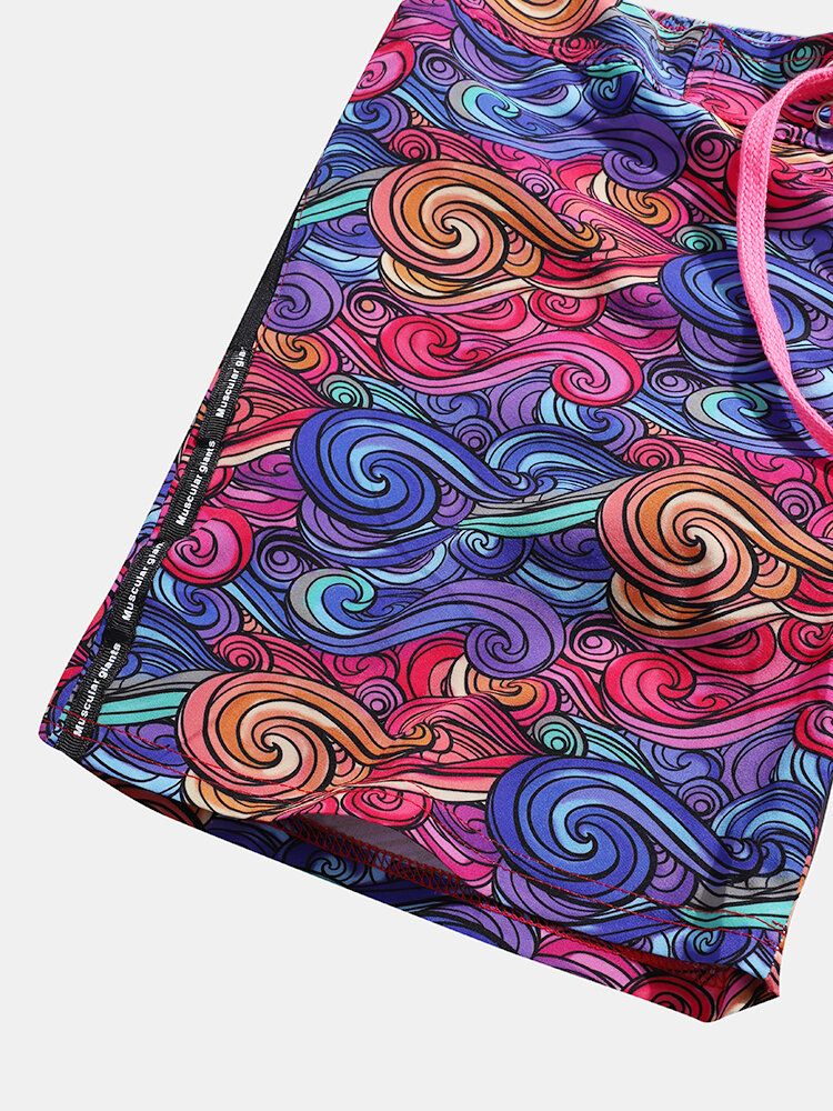 Pantalones Cortos De Playa De Hawaii Con Bolsillo Con Cordón De Malla Y Estampado Colorido Para Hombre