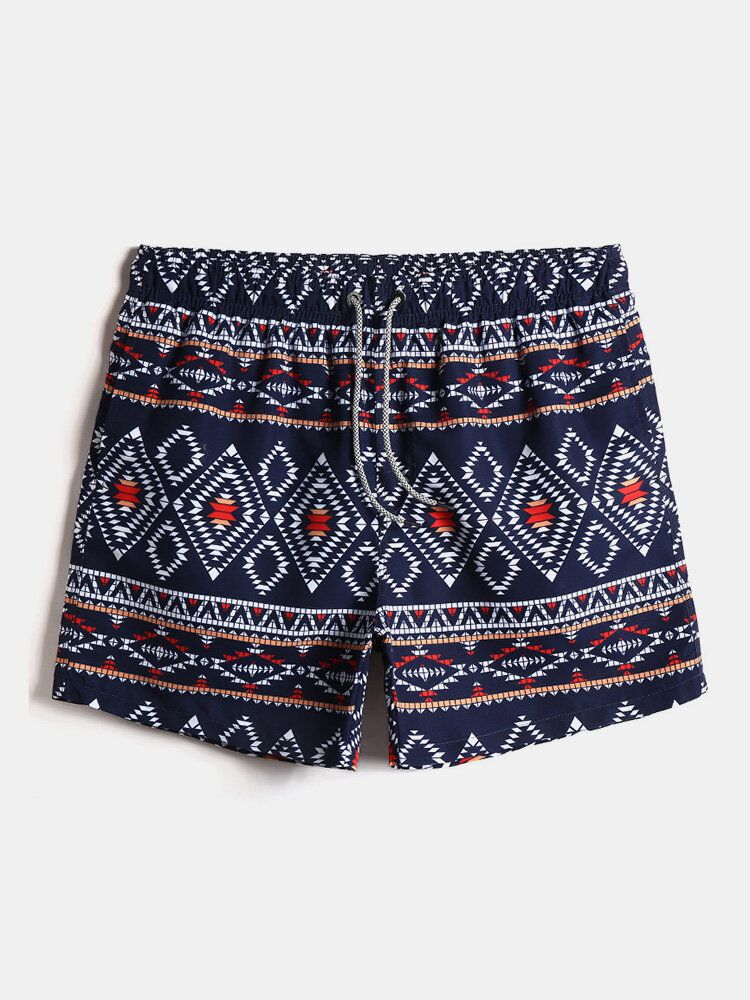 Pantalones Cortos De Playa Holgados Y Finos Con Estampado Tribal De Cintura Con Cordón De Estilo Étnico Para Hombre