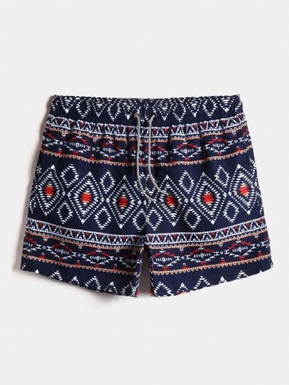 Pantalones Cortos De Playa Holgados Y Finos Con Estampado Tribal De Cintura Con Cordón De Estilo Étnico Para Hombre