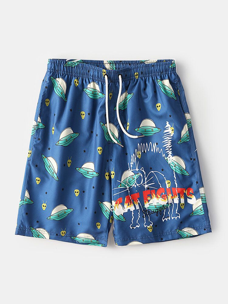 Pantalones Cortos De Playa Informales Con Forro De Malla Con Cordón Y Estampado De Letras Y Ovni De Dibujos Animados Divertidos Para Hombre