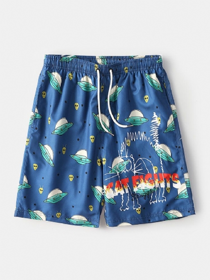 Pantalones Cortos De Playa Informales Con Forro De Malla Con Cordón Y Estampado De Letras Y Ovni De Dibujos Animados Divertidos Para Hombre