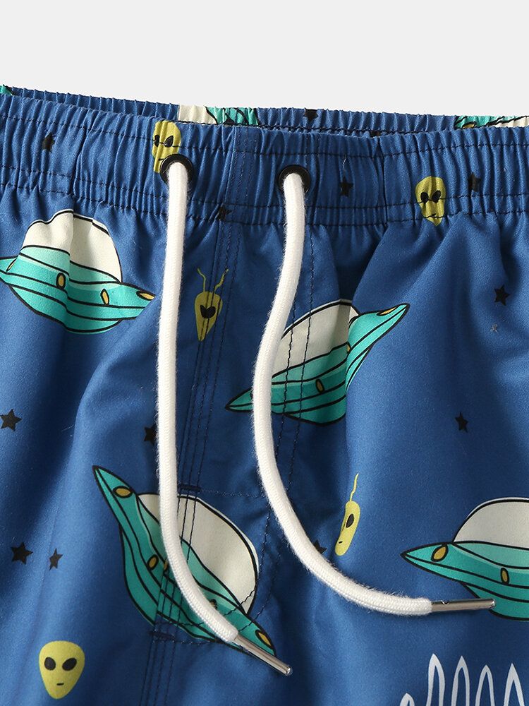 Pantalones Cortos De Playa Informales Con Forro De Malla Con Cordón Y Estampado De Letras Y Ovni De Dibujos Animados Divertidos Para Hombre