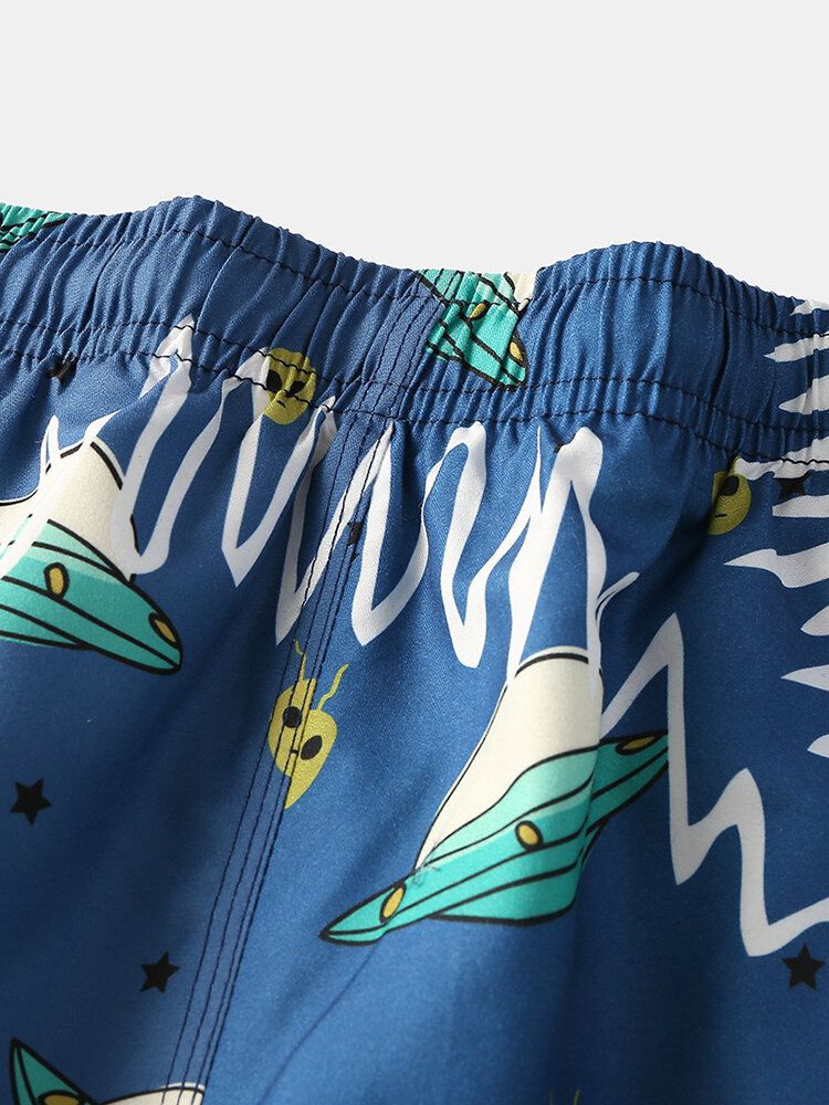 Pantalones Cortos De Playa Informales Con Forro De Malla Con Cordón Y Estampado De Letras Y Ovni De Dibujos Animados Divertidos Para Hombre