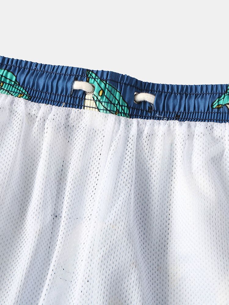 Pantalones Cortos De Playa Informales Con Forro De Malla Con Cordón Y Estampado De Letras Y Ovni De Dibujos Animados Divertidos Para Hombre