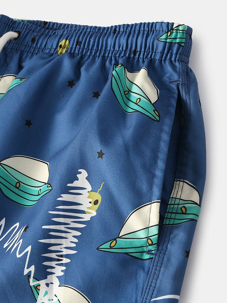 Pantalones Cortos De Playa Informales Con Forro De Malla Con Cordón Y Estampado De Letras Y Ovni De Dibujos Animados Divertidos Para Hombre