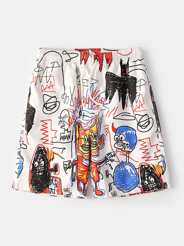 Pantalones Cortos Sueltos Casuales Con Bolsillo De Malla De Secado Rápido Con Estampado De Graffiti Divertido Para Hombre