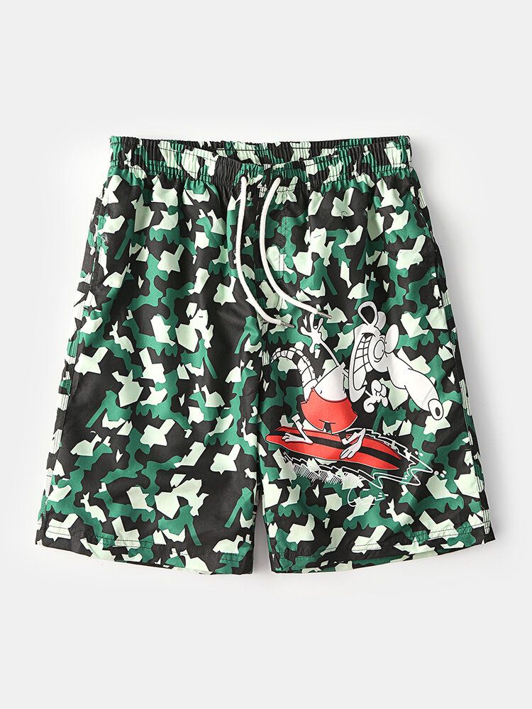 Pantalones Cortos Sueltos De Secado Rápido Con Cordón De Malla Con Estampado Animal De Dibujos Animados De Camuflaje Para Hombre Con Bolsillo