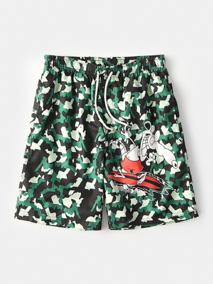 Pantalones Cortos Sueltos De Secado Rápido Con Cordón De Malla Con Estampado Animal De Dibujos Animados De Camuflaje Para Hombre Con Bolsillo