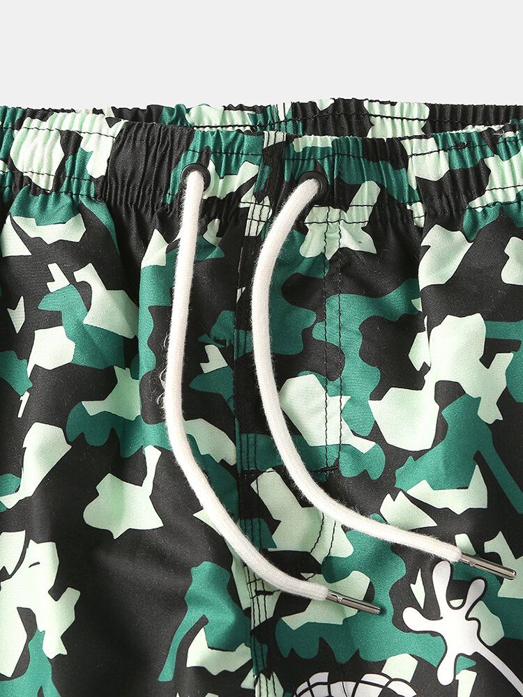 Pantalones Cortos Sueltos De Secado Rápido Con Cordón De Malla Con Estampado Animal De Dibujos Animados De Camuflaje Para Hombre Con Bolsillo