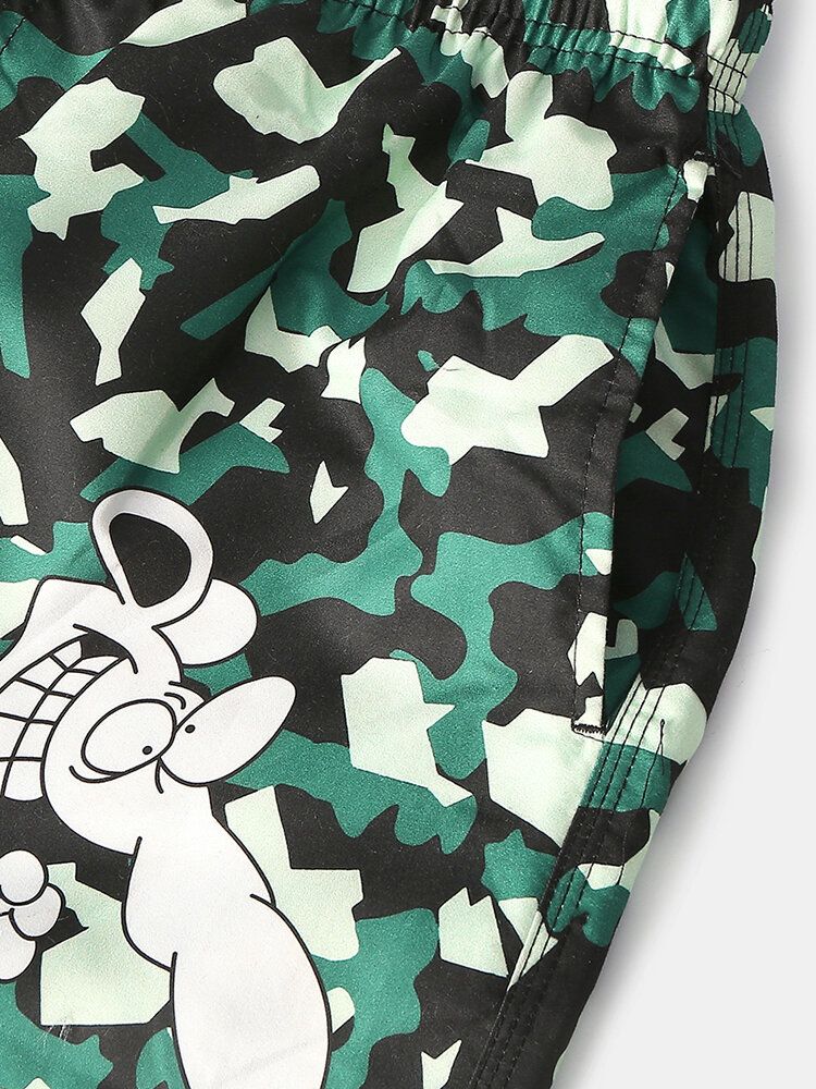 Pantalones Cortos Sueltos De Secado Rápido Con Cordón De Malla Con Estampado Animal De Dibujos Animados De Camuflaje Para Hombre Con Bolsillo