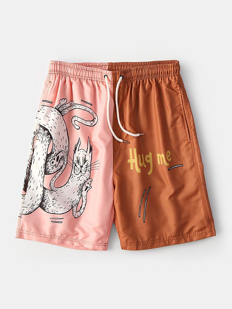 Pantalones Cortos De Tabla De Surf Con Cordón De Secado Rápido Con Estampado De Letras De Patchwork De Animales De Dibujos Animados Para Hombre