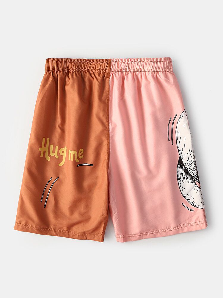 Pantalones Cortos De Tabla De Surf Con Cordón De Secado Rápido Con Estampado De Letras De Patchwork De Animales De Dibujos Animados Para Hombre