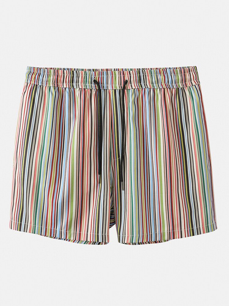 Pantalones Cortos De Tablero Con Cordón Informal De Vacaciones De Bolsillo A Rayas Multicolores Para Hombre