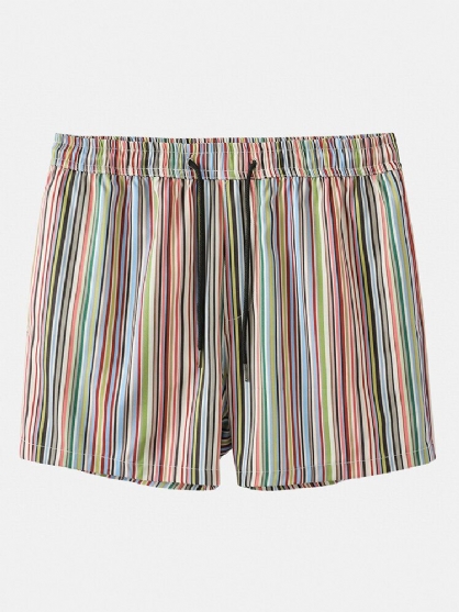 Pantalones Cortos De Tablero Con Cordón Informal De Vacaciones De Bolsillo A Rayas Multicolores Para Hombre