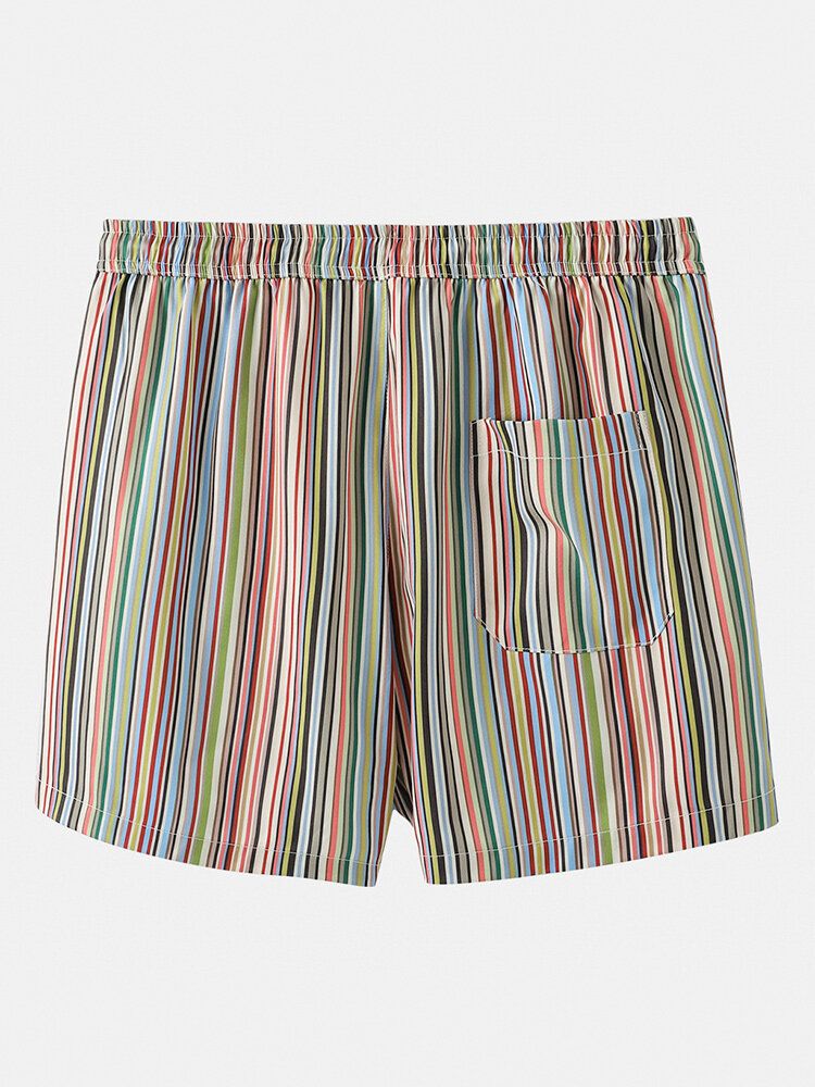 Pantalones Cortos De Tablero Con Cordón Informal De Vacaciones De Bolsillo A Rayas Multicolores Para Hombre