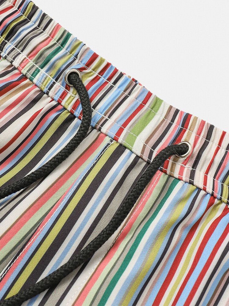 Pantalones Cortos De Tablero Con Cordón Informal De Vacaciones De Bolsillo A Rayas Multicolores Para Hombre