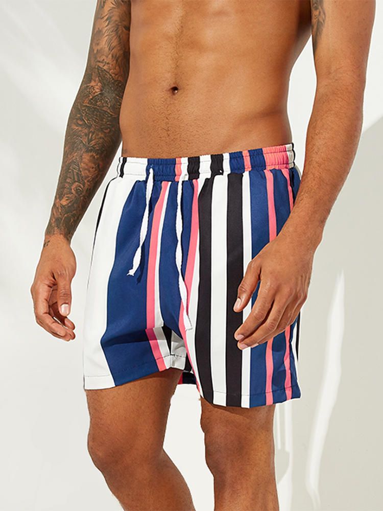 Shorts De Baño Hawaianos Con Cordón De Rayas De Colores Para Hombre