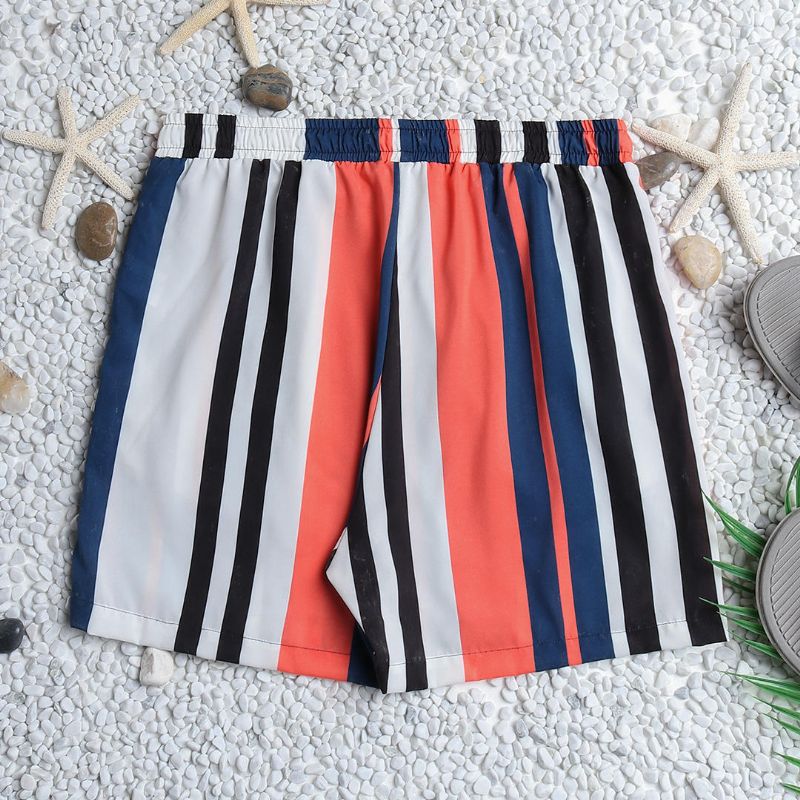 Shorts De Baño Hawaianos Con Cordón De Rayas De Colores Para Hombre