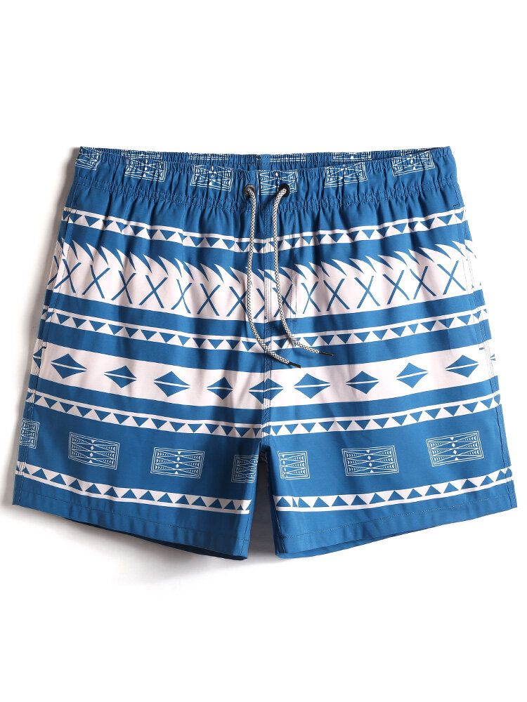 Shorts De Playa Con Cintura Con Cordón Y Estampado Geográfico Vintage De Secado Rápido Para Hombre