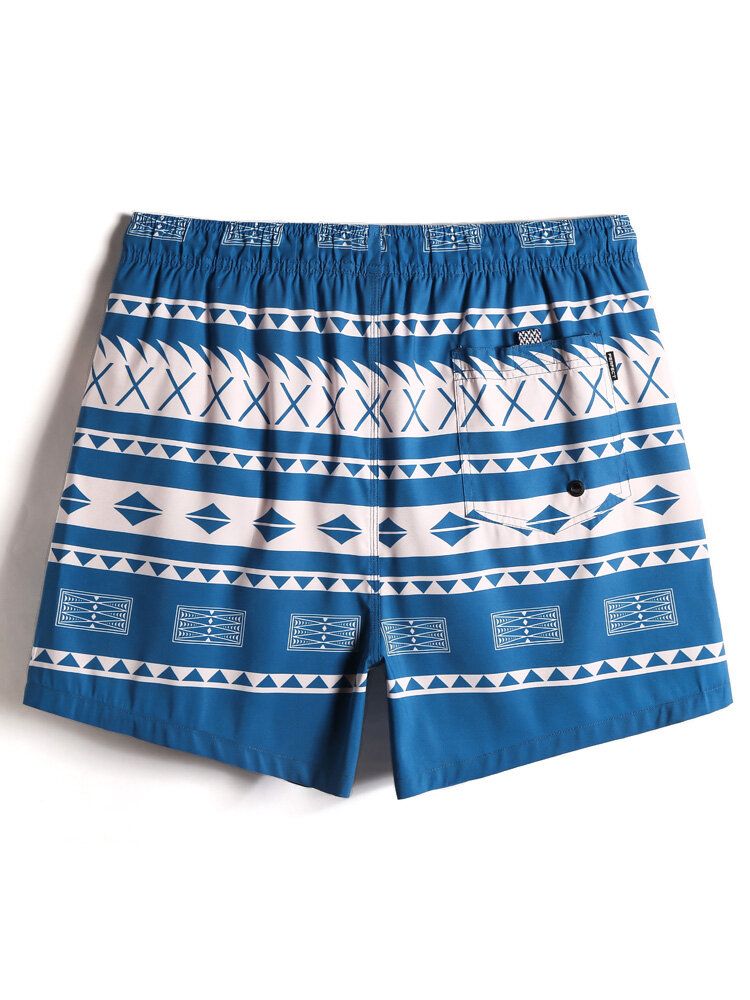 Shorts De Playa Con Cintura Con Cordón Y Estampado Geográfico Vintage De Secado Rápido Para Hombre