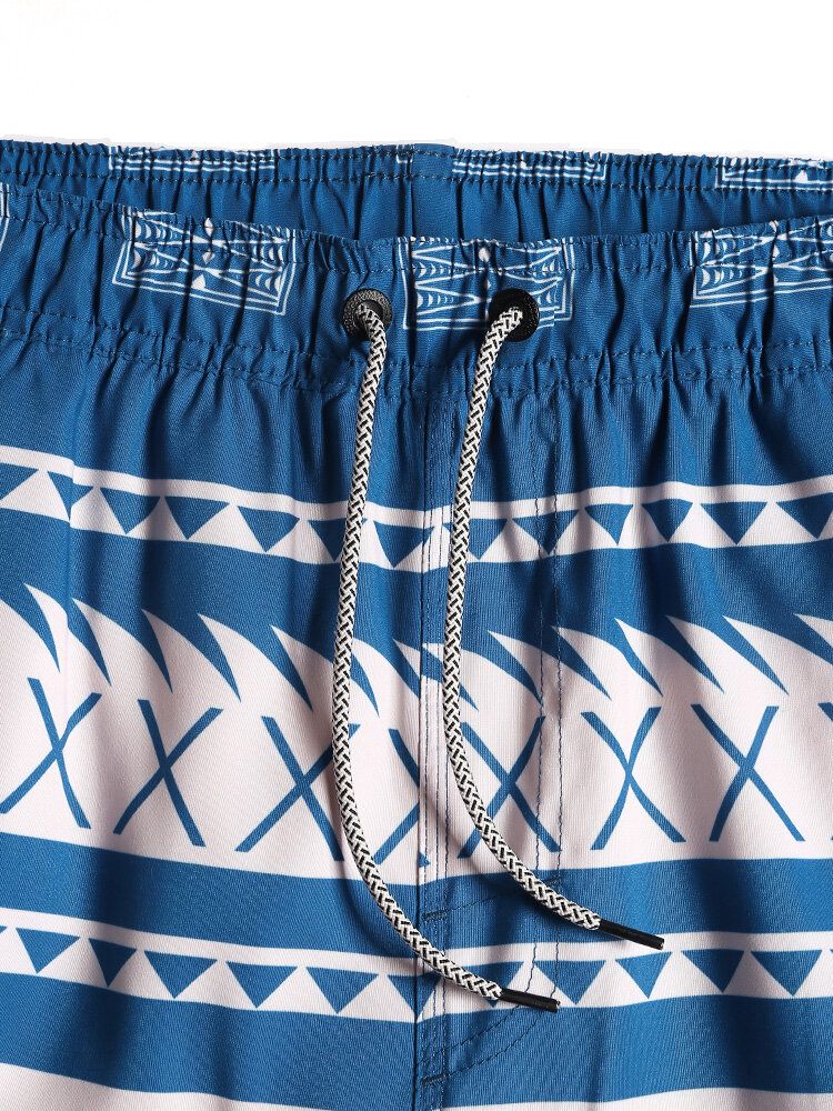 Shorts De Playa Con Cintura Con Cordón Y Estampado Geográfico Vintage De Secado Rápido Para Hombre