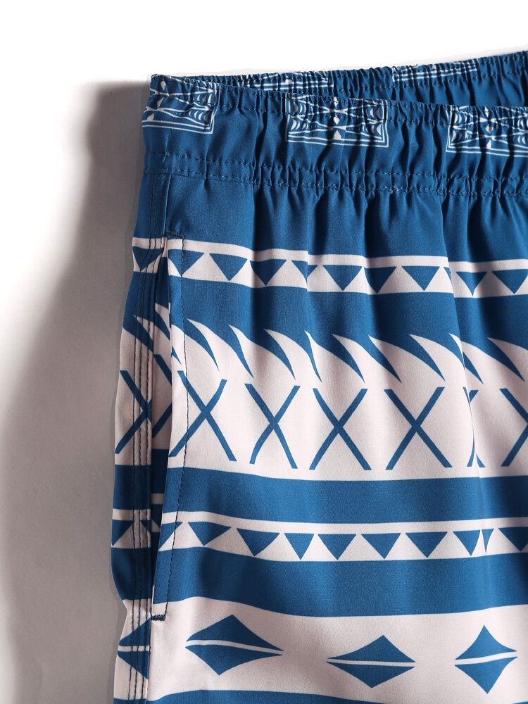 Shorts De Playa Con Cintura Con Cordón Y Estampado Geográfico Vintage De Secado Rápido Para Hombre