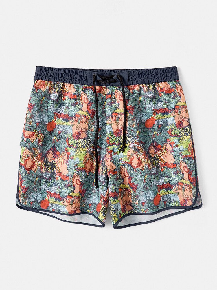 Shorts De Playa Con Cintura Elástica Con Estampado De Esculturas Para Hombre