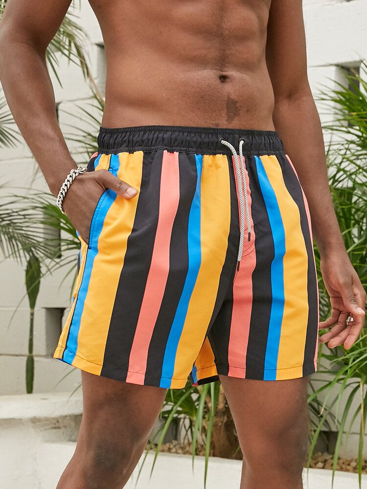 Shorts De Playa Con Cordón De Rayas Anchas De Colores De Secado Rápido Para Hombre