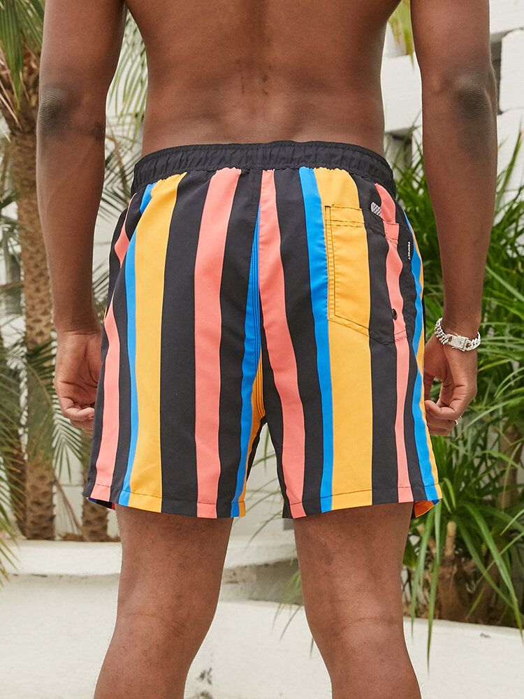 Shorts De Playa Con Cordón De Rayas Anchas De Colores De Secado Rápido Para Hombre