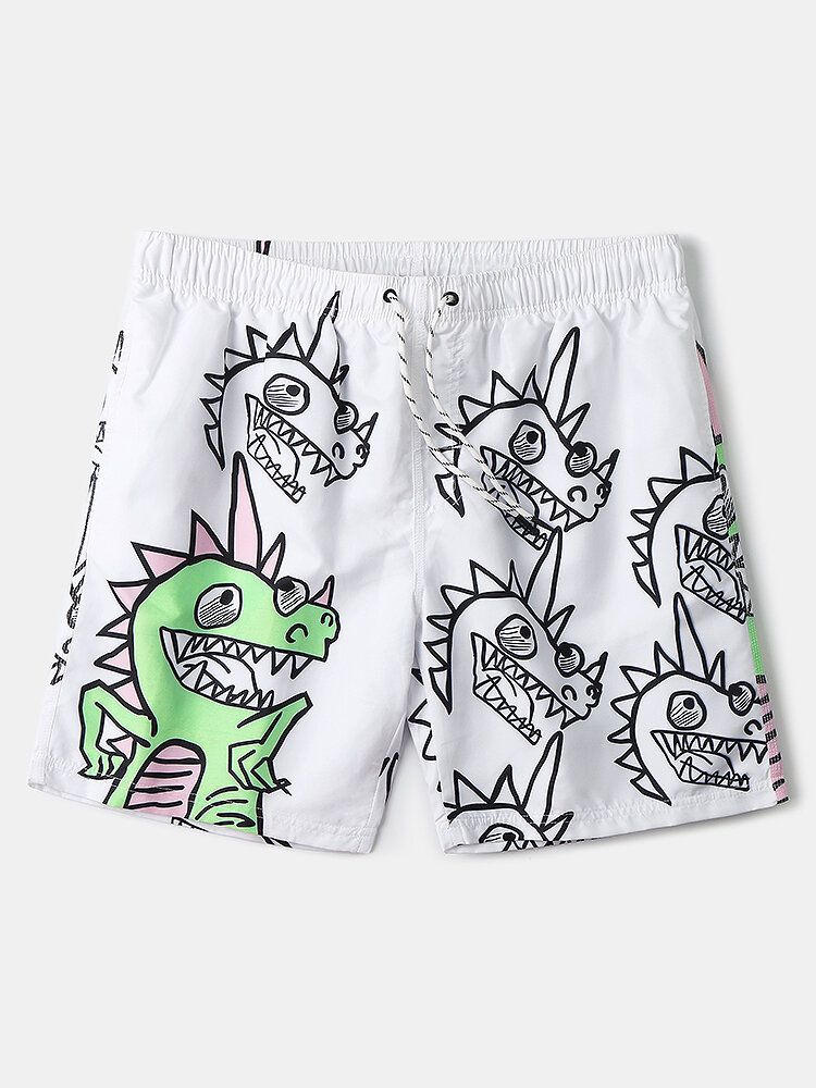 Shorts De Playa Con Cordón De Secado Rápido Con Estampado De Dinosaurio De Dibujos Animados Para Hombre