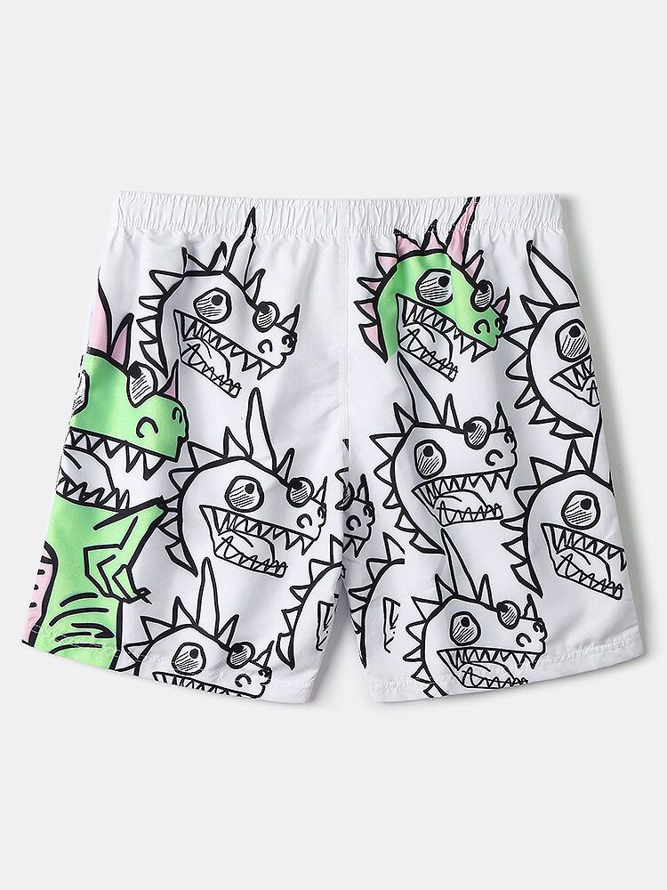 Shorts De Playa Con Cordón De Secado Rápido Con Estampado De Dinosaurio De Dibujos Animados Para Hombre