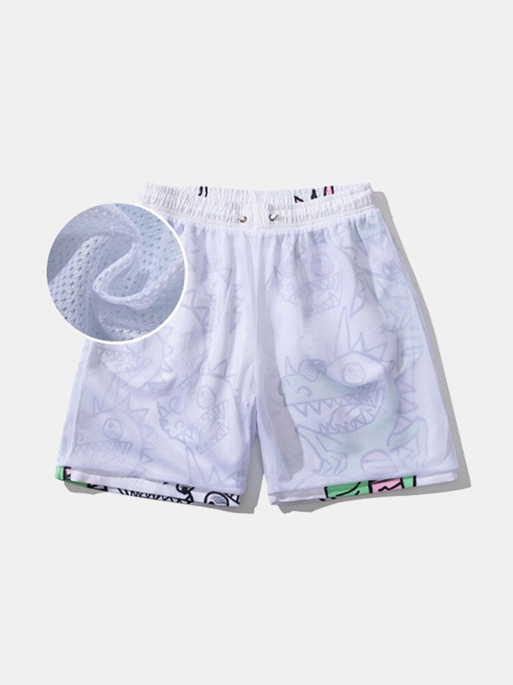 Shorts De Playa Con Cordón De Secado Rápido Con Estampado De Dinosaurio De Dibujos Animados Para Hombre