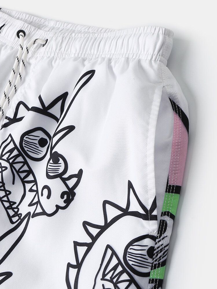 Shorts De Playa Con Cordón De Secado Rápido Con Estampado De Dinosaurio De Dibujos Animados Para Hombre